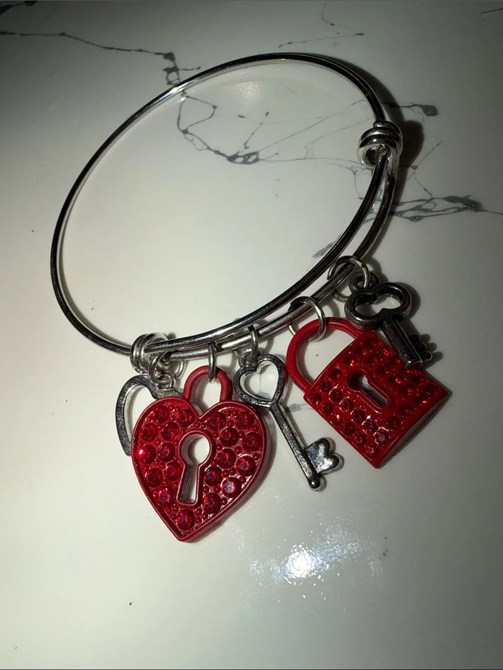 paparazzi Silver-Tone Bangle with Red Heart, Red Lock & Key Charms